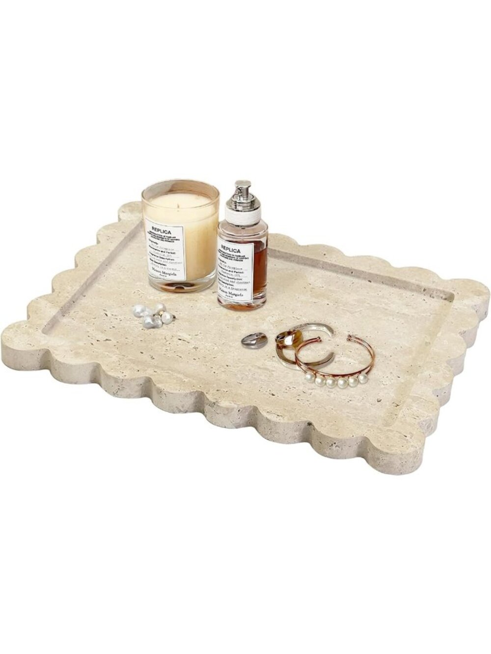Scalloped Marble Tray - Elegant Vanity & Jewelry Organizer, 12"x9", Beige Stone